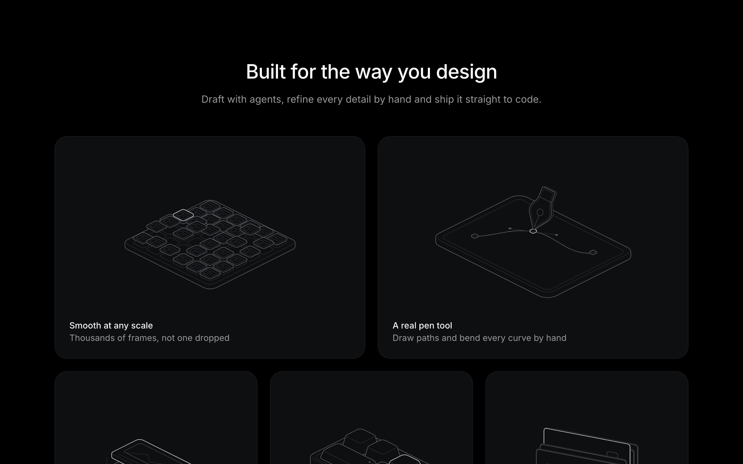 Quay features section: a centred heading over five dark cards, two wide and three narrow, each with an isometric line figure: floating artboards, a pen nib on a path, an image card over a slot, keycaps and a deck of slides.