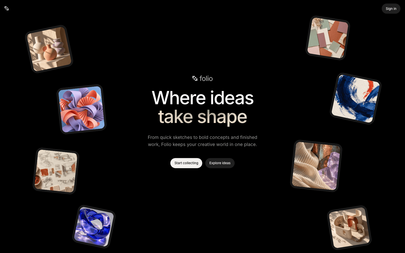 Folio hero with a centered two-line headline, top navigation and two diagonal ribbons of studio artwork.