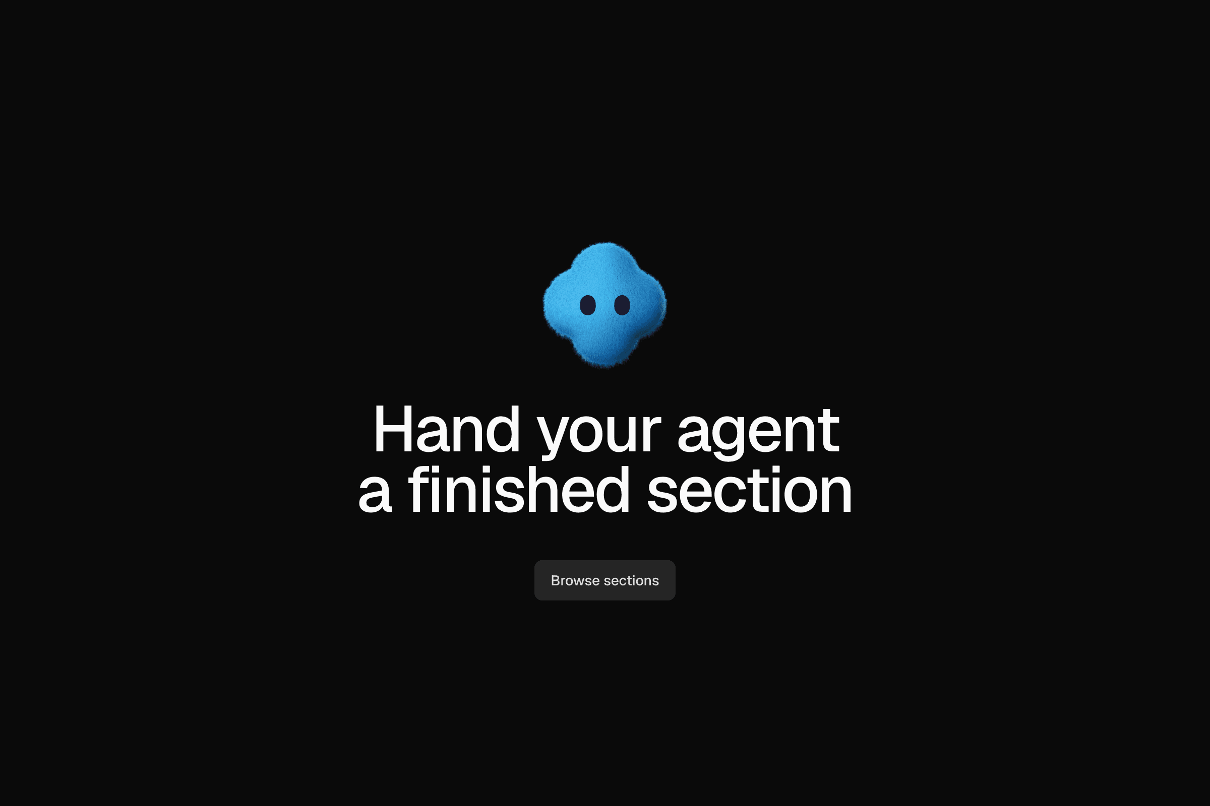 Hand your agent a finished section, under a blue plush bot, with two buttons, on a dark ground.