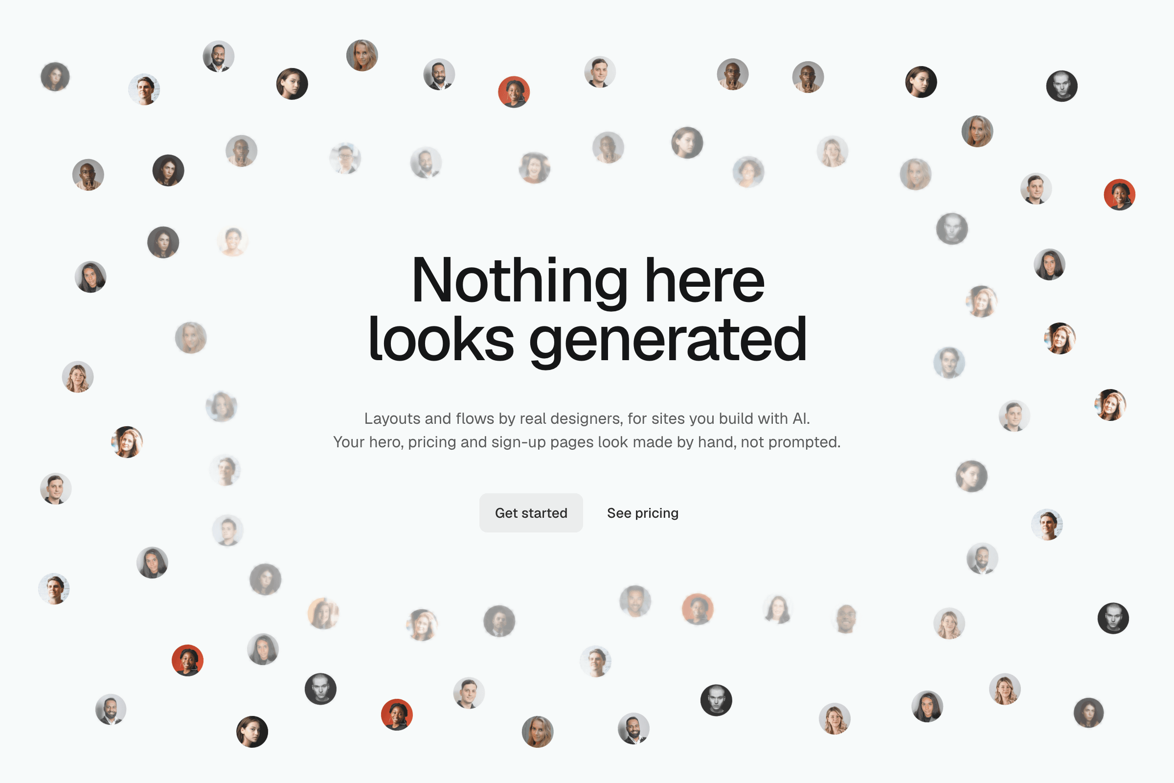 Nothing here looks generated, a muted line and two buttons, centred in a scattered field of round portrait photos on a light ground.