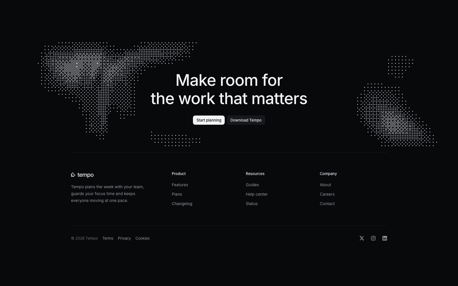 Tempo footer: a two-line statement and two buttons over a drifting field of light grey dithered pixels, then brand, three link columns and a legal row.