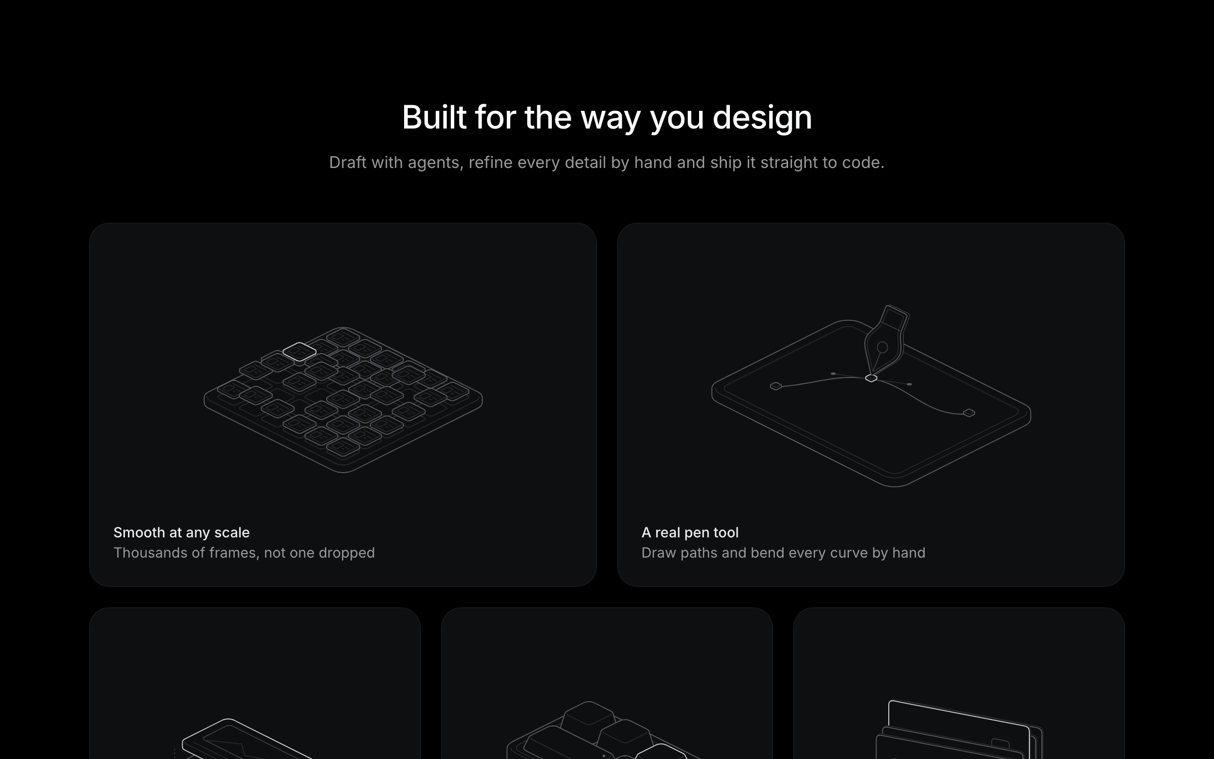 Quay features section: a centred heading over five dark cards, two wide and three narrow, each with an isometric line figure: floating artboards, a pen nib on a path, an image card over a slot, keycaps and a deck of slides.