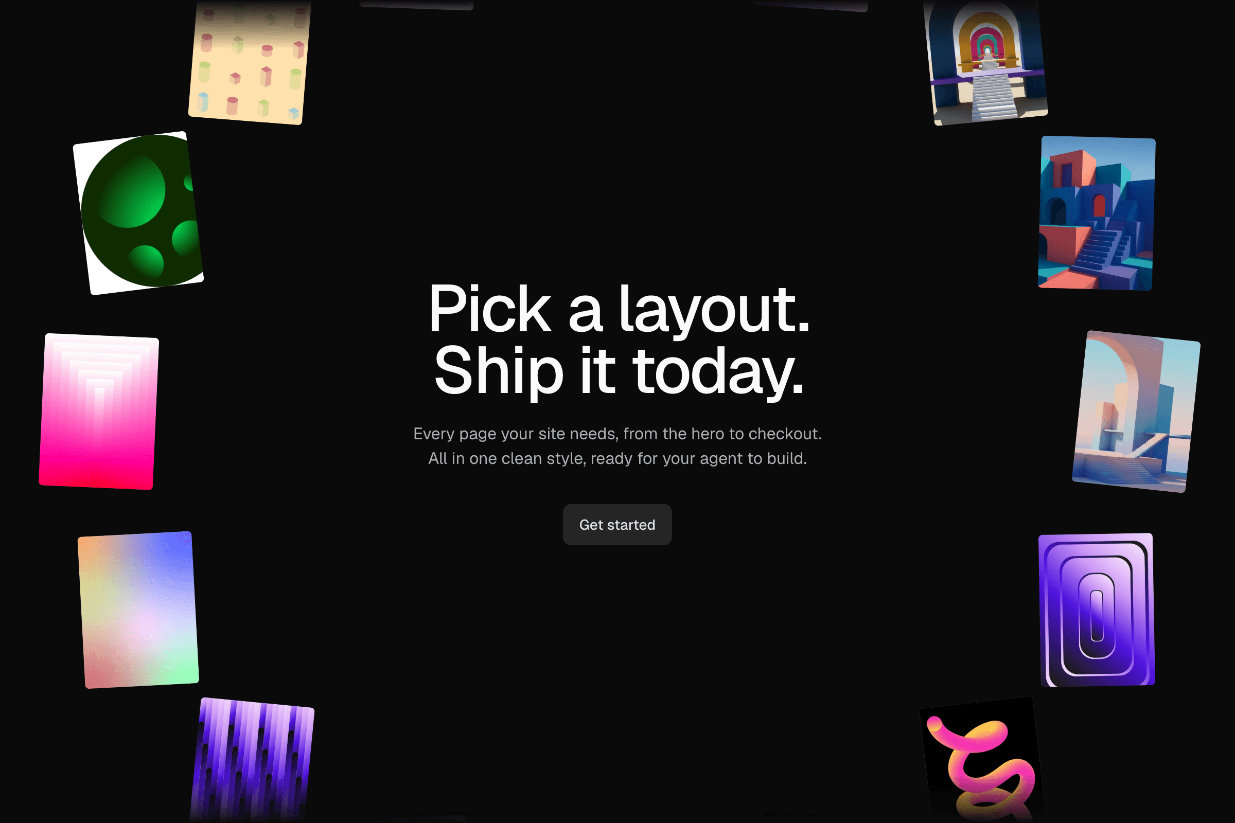 Pick a layout. Ship it today. with a button, framed by a circle of greyscale portrait cards.