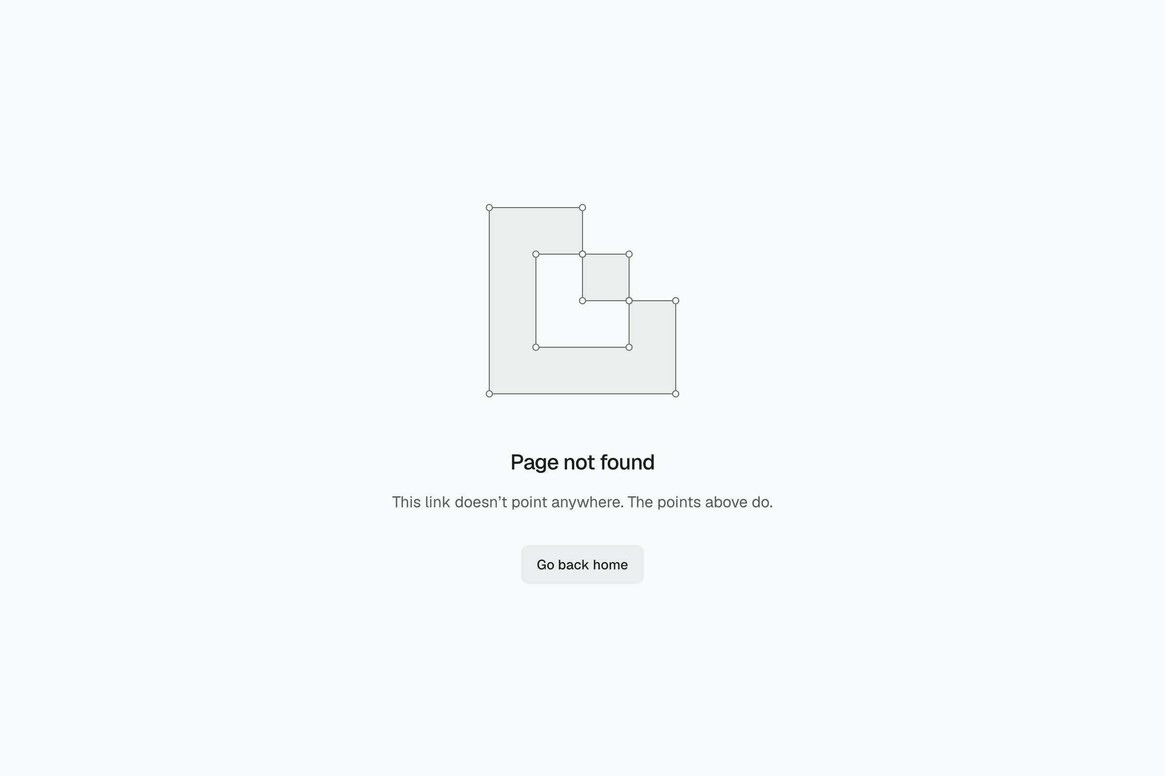 A vector outline with anchor points over Page not found, a muted line and a button home, on a light ground.