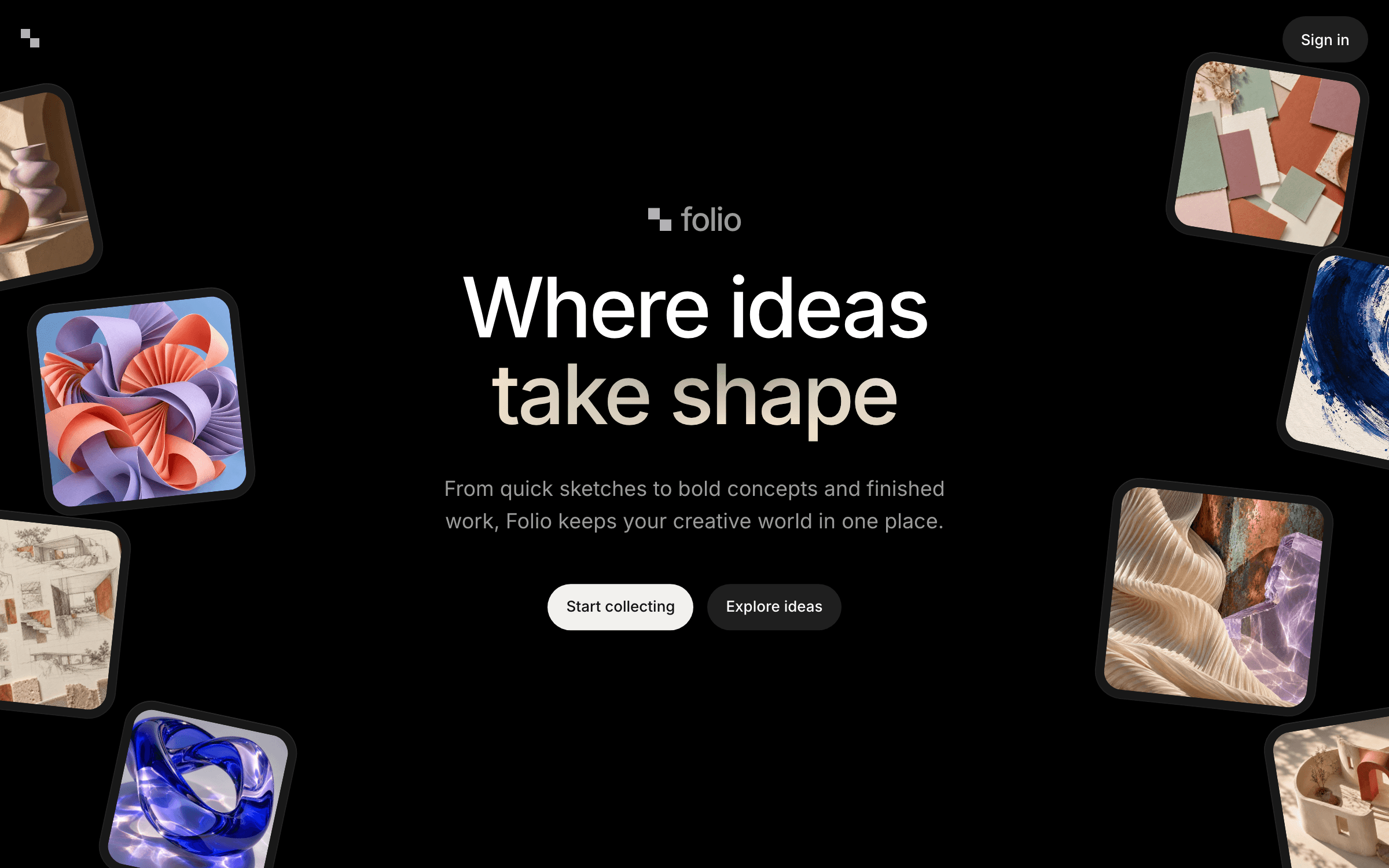 Folio hero with a centered two-line headline, top navigation and two diagonal ribbons of studio artwork.
