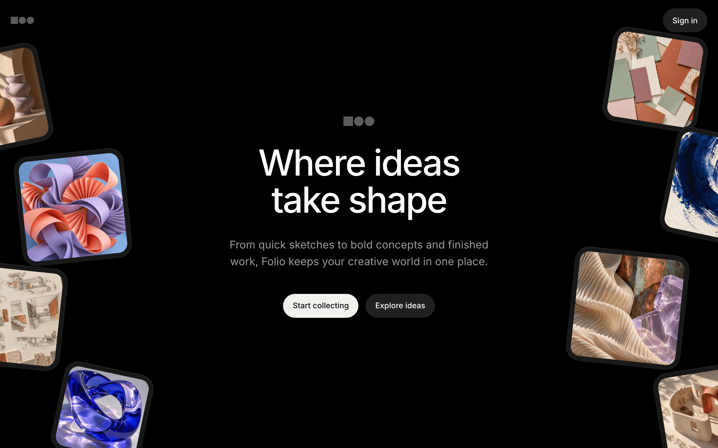 Folio hero with a centered two-line headline, top navigation and two diagonal ribbons of studio artwork.