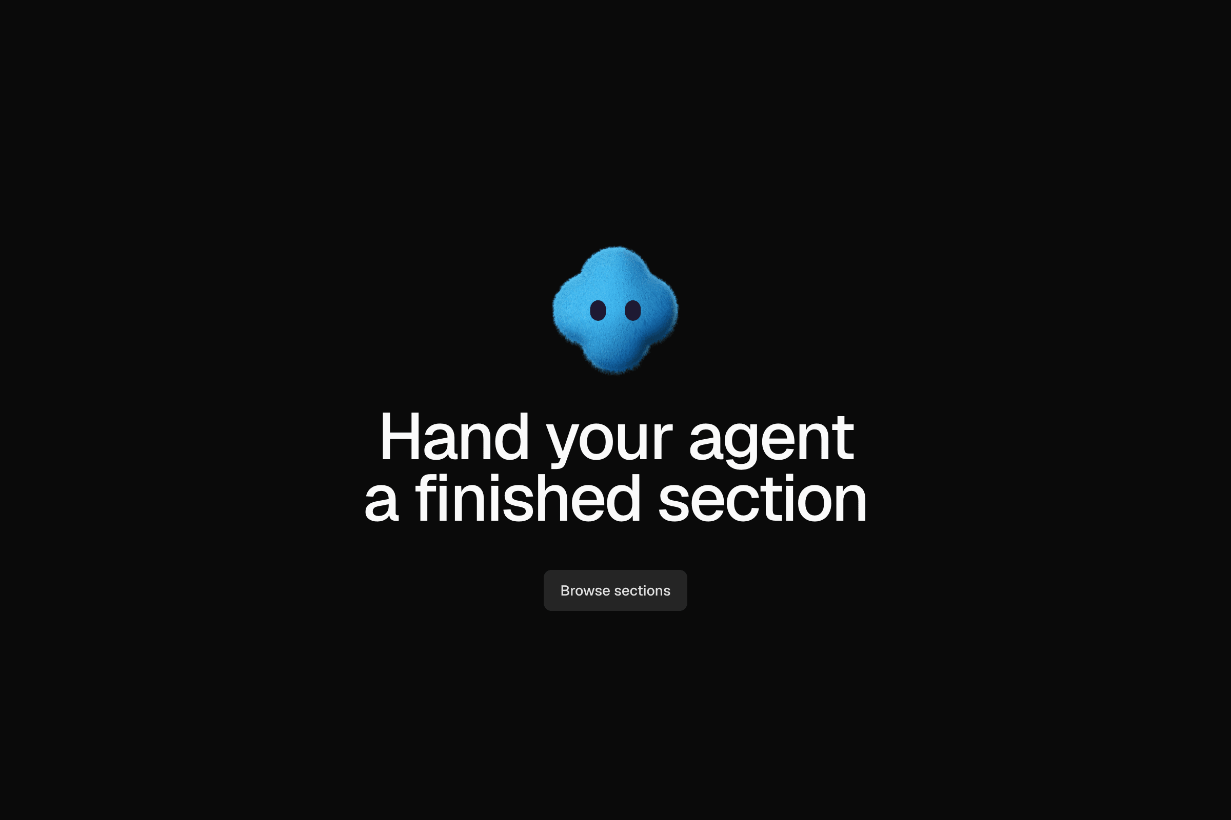 Hand your agent a finished section, under a blue plush bot, with two buttons, on a dark ground.