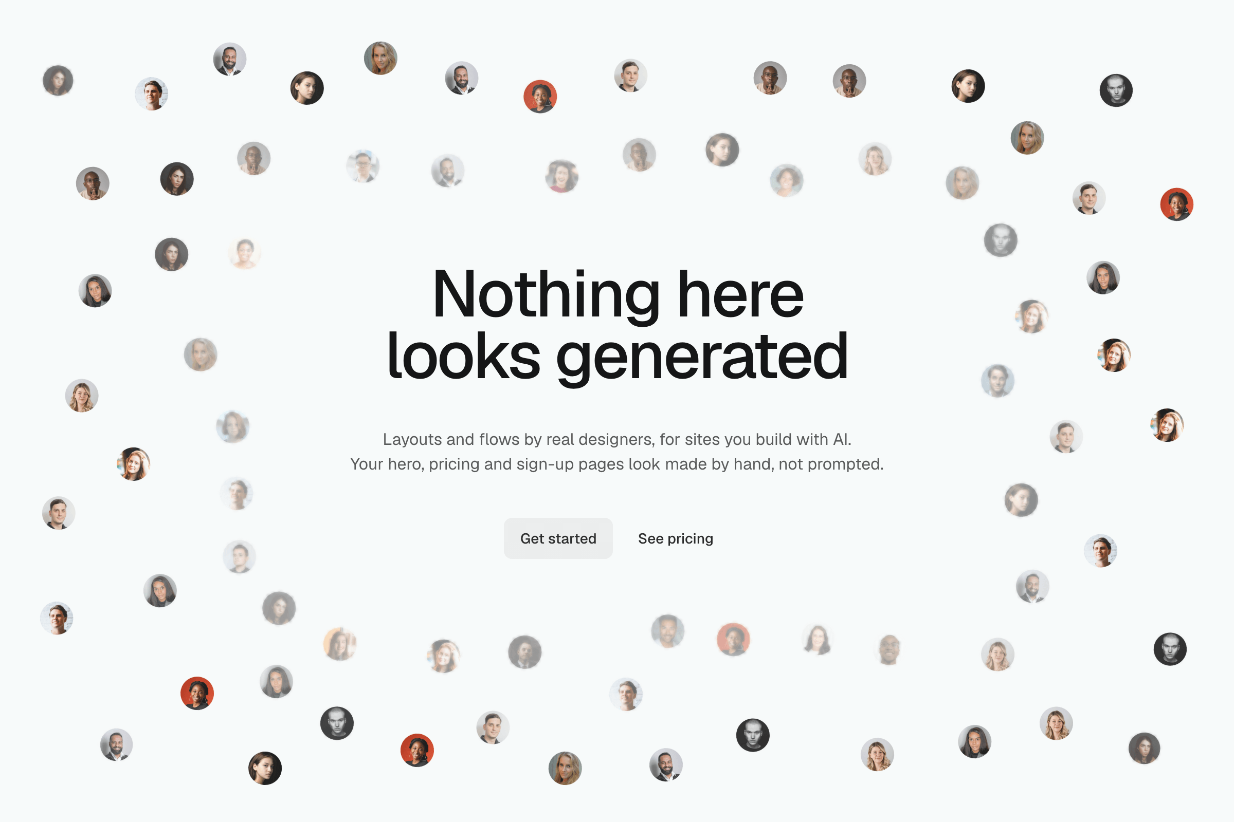 Nothing here looks generated, a muted line and two buttons, centred in a scattered field of round portrait photos on a light ground.