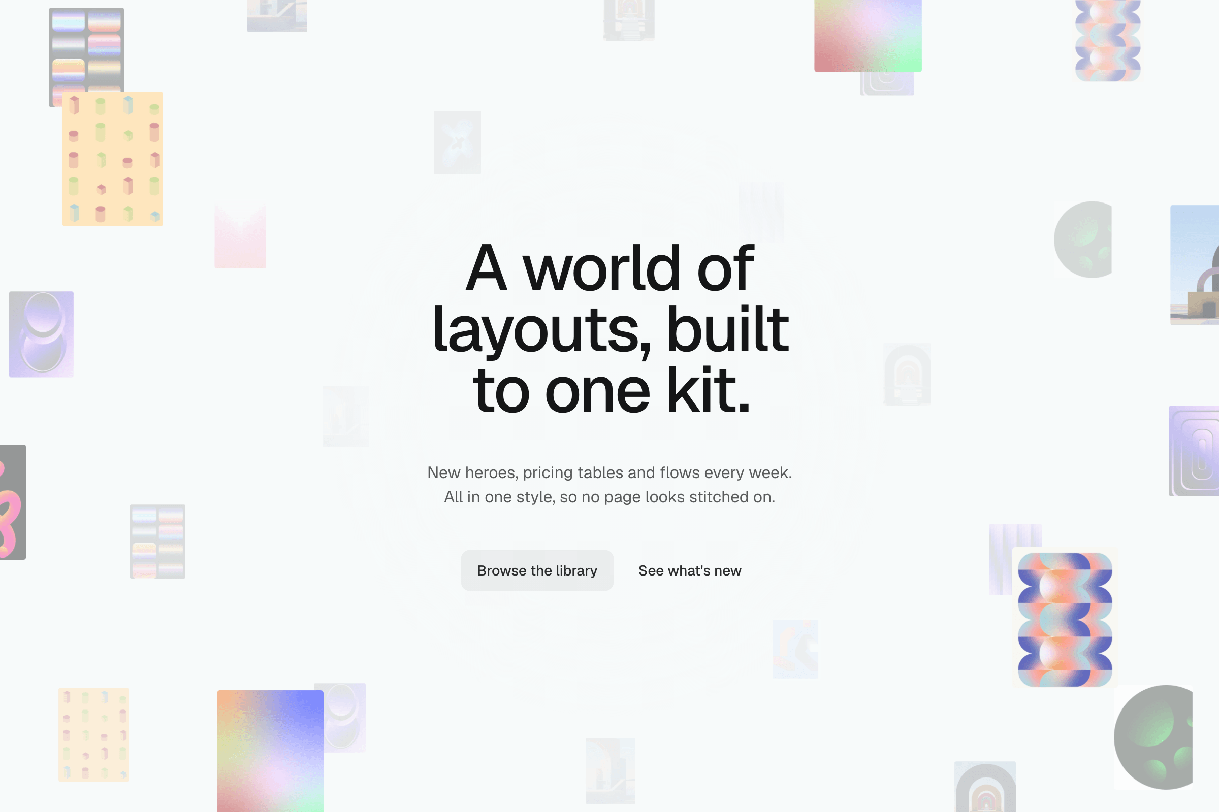A world of layouts, built to one kit, and two buttons inside a scattered sphere of image tiles, on a light ground.