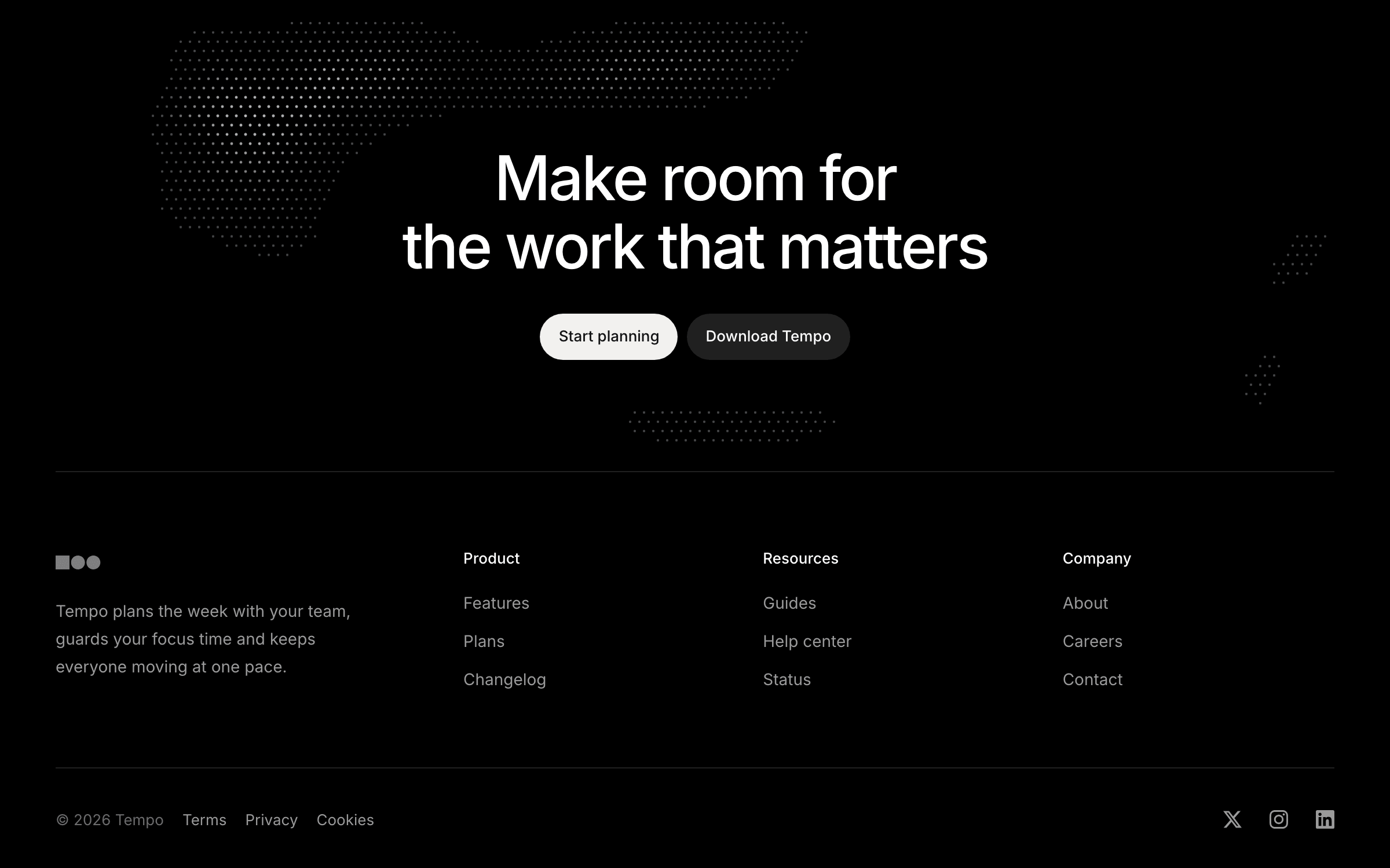 Tempo footer: a two-line statement and two buttons over a drifting field of light grey dots, then brand, three link columns and a legal row.