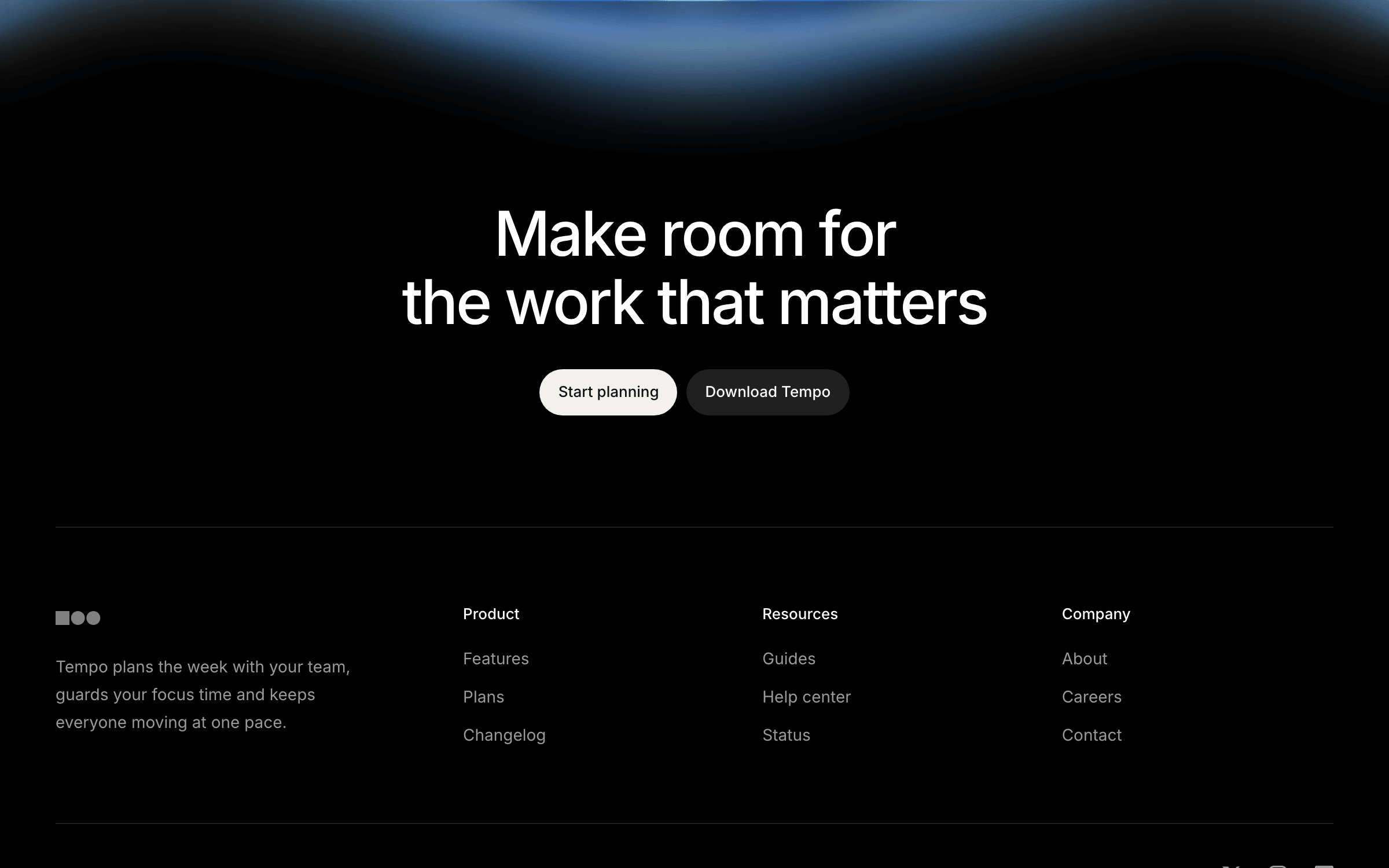 Tempo footer: a two-line statement and two buttons over a drifting field of light grey dots, then brand, three link columns and a legal row.