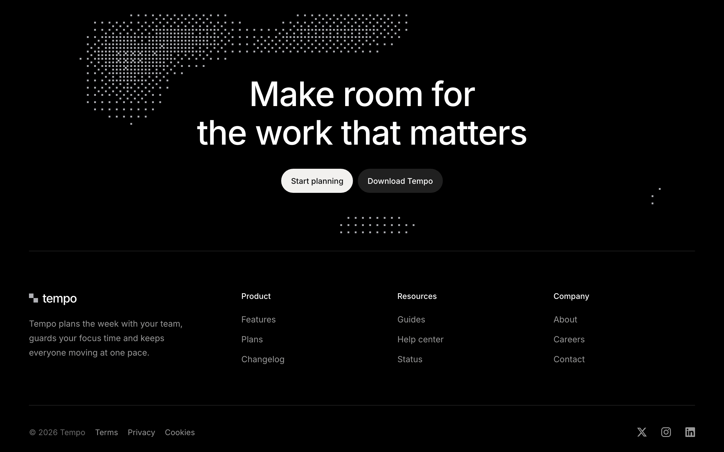 Tempo footer: a two-line statement and two buttons over a drifting field of light grey dithered pixels, then brand, three link columns and a legal row.